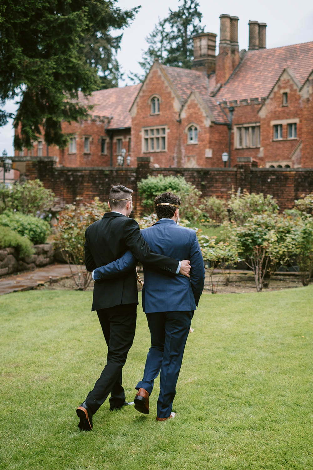 grooms walking together at wedding in Seattle