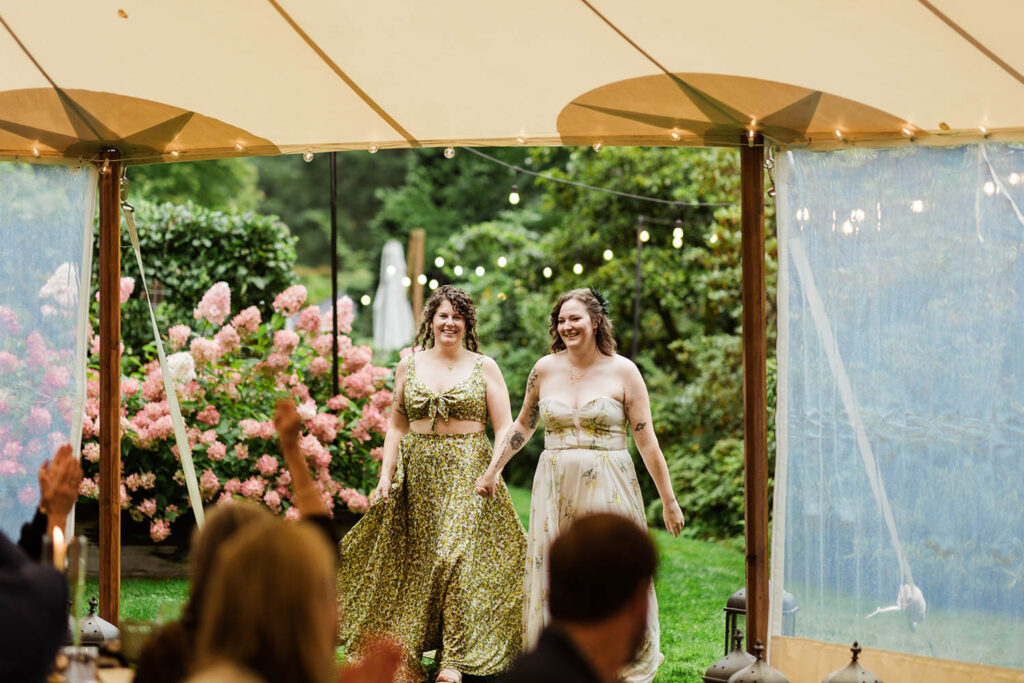 Alice and Martha walking to their wedding reception