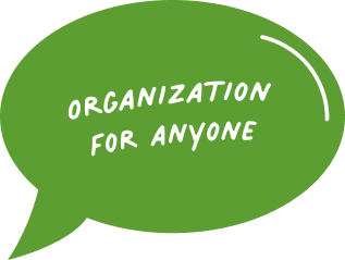 green speech bubble icon with "organization for anyone" text