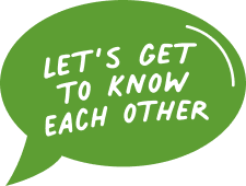 green speech bubble icon with "let's get to know each other" icon