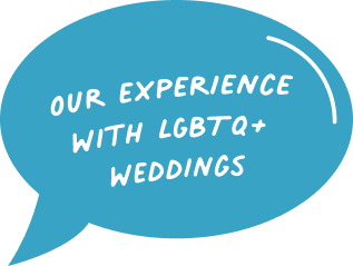 blue speech bubble icon that says "our experience with LGBTQ+ weddings"