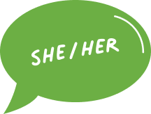 green speech bubble icon with "she/her" text