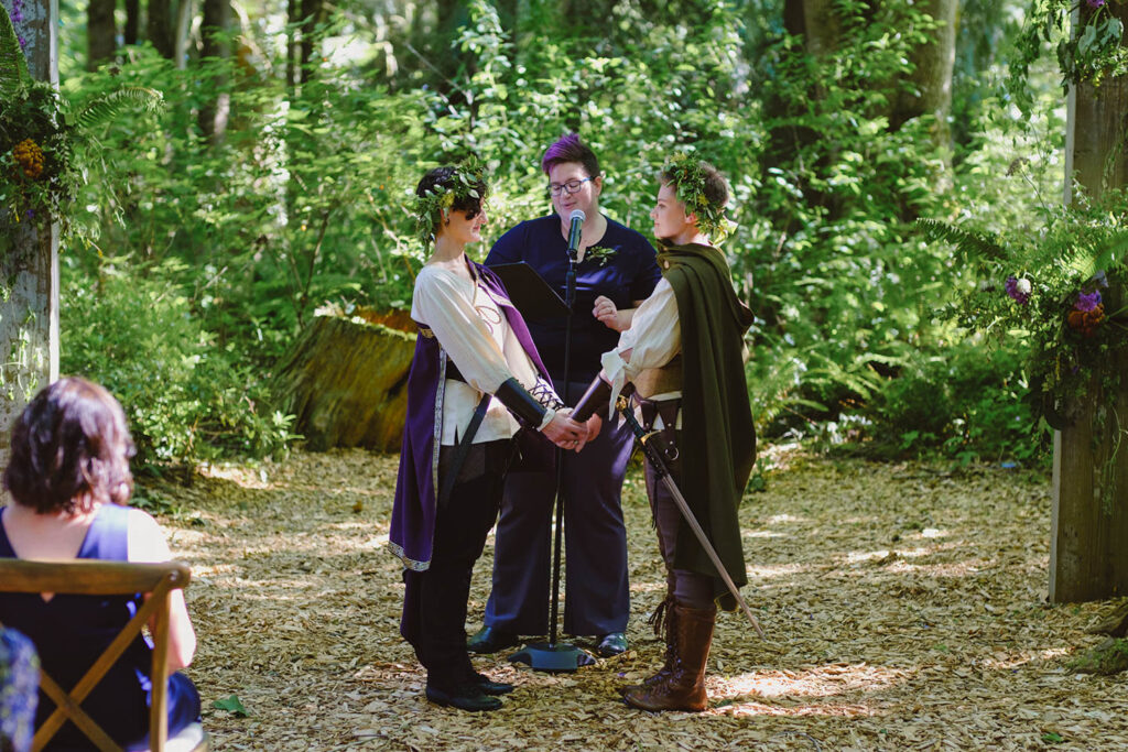 Sid and Ren getting married at forest themed ceremony in Seattle