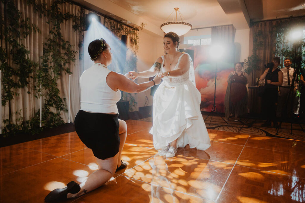 Juliana and Nicole dancing at their wedding in Seattle