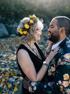 couple looking into each other's eyes at a Rattlesnake Lake Elopement