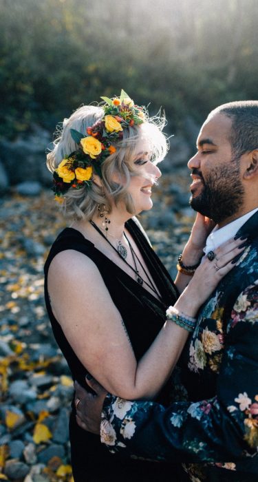 couple looking into each other's eyes at a Rattlesnake Lake Elopement