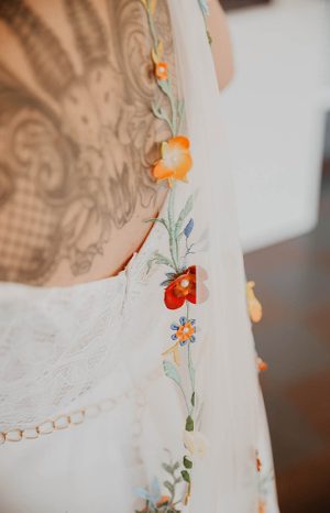 floral veil details on bride at wedding in Seattle