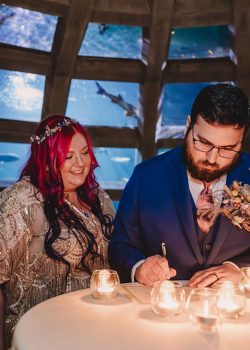 bride and groom signing marriage certificate at Seattle aquarium